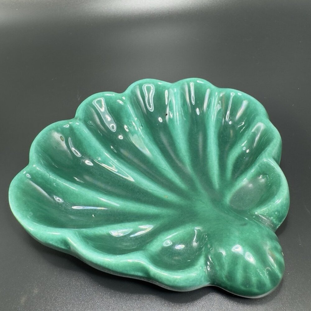 Hand Made USA Pottery Stoneware Green Shell Dish Soap Holder Trinket Dish VTG‎